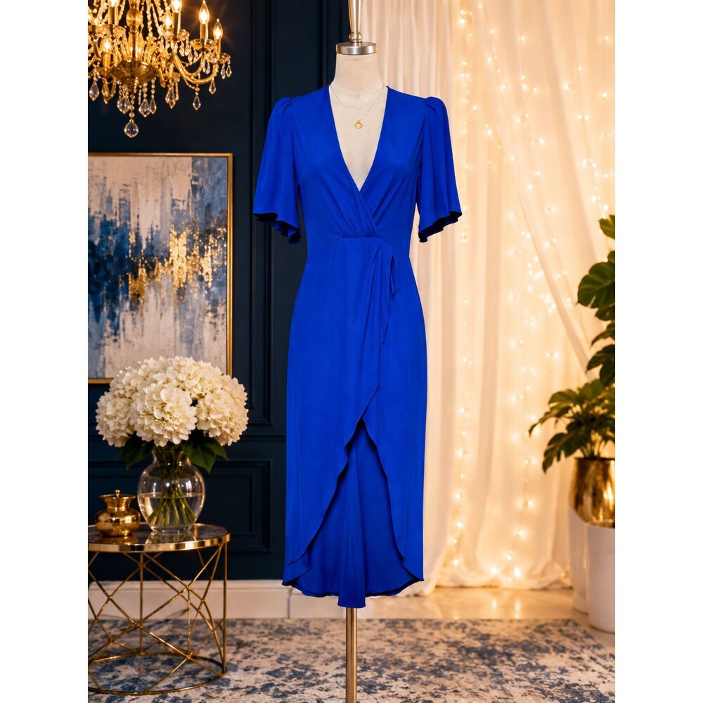 Reformation Westport Dress 6P Cobalt Blue High Low Twist Midi Dress